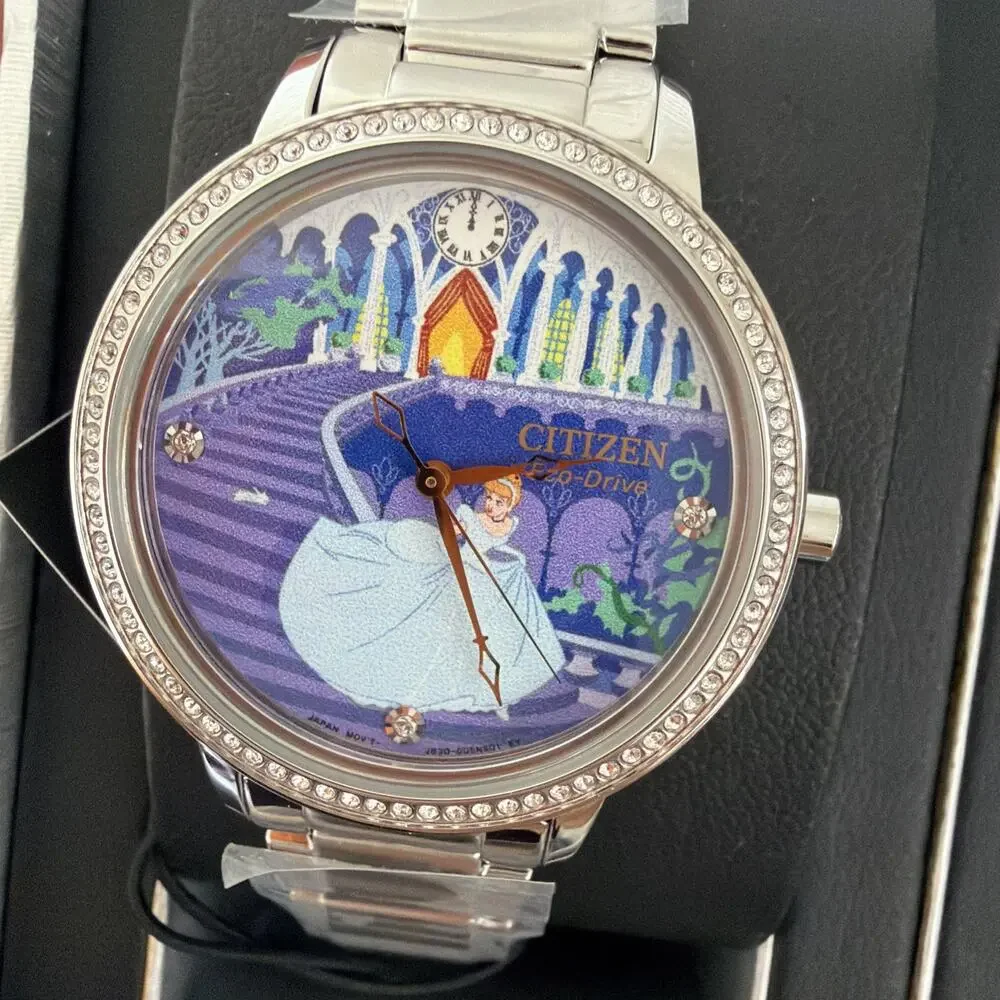 Citizen Disney Cinderella Eco-Drive Watch FE7041-51W Crystal Pin Box Set NWT